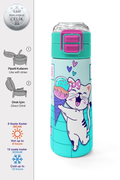 Coral High Kids Turkuaz Pembe Dondurmalı Desenli Pipetli ve Direkt İçim Çelik Termos 500 ml 31952 - 1