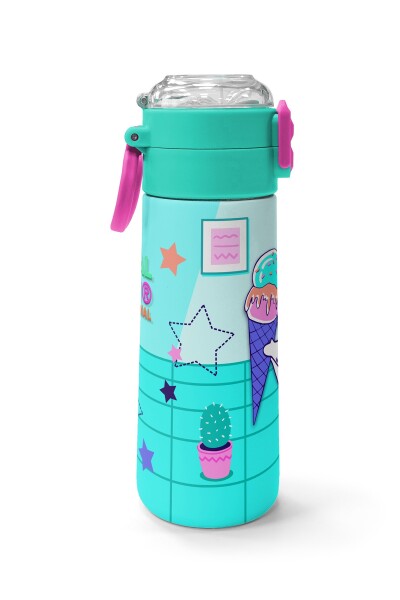 Coral High Kids Turkuaz Pembe Dondurmalı Desenli Pipetli ve Direkt İçim Çelik Termos 500 ml 31952 - 2