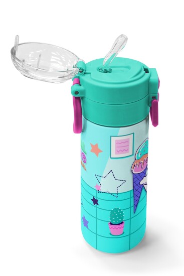 Coral High Kids Turkuaz Pembe Dondurmalı Desenli Pipetli ve Direkt İçim Çelik Termos 500 ml 31952 - 5