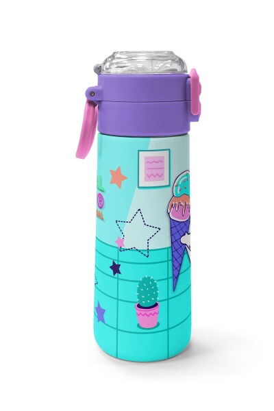 Coral High Kids Turkuaz Pembe Dondurmalı Desenli Pipetli ve Direkt İçim Çelik Termos 500 ml 31952 - 2