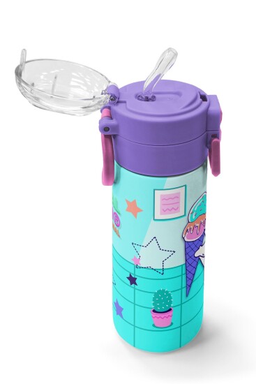 Coral High Kids Turkuaz Pembe Dondurmalı Desenli Pipetli ve Direkt İçim Çelik Termos 500 ml 31952 - 5