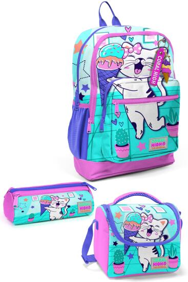 Coral High Kids Turkuaz Pembe Dondurmalı Kedi Desenli 3’lü Okul Çanta Seti SET0123751 - Coral High