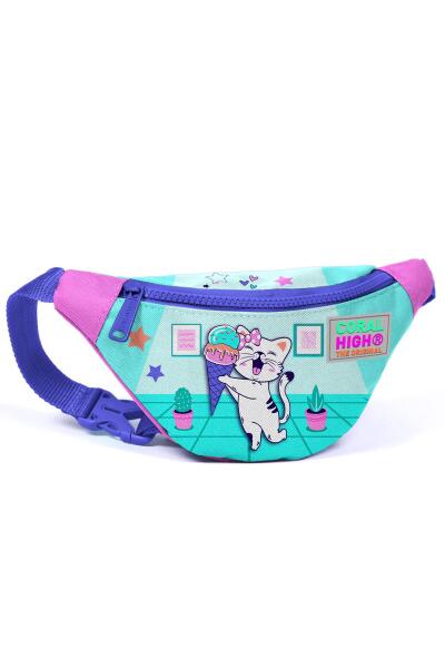 Coral High Kids Turkuaz Pembe Dondurmalı Kedi Desenli Bel Çantası 11503 - 1