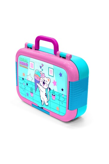 Coral High Kids Turkuaz Pembe Dondurmalı Kedi Desenli Paslanmaz Çelik Beslenme Kabı 39259 - 4