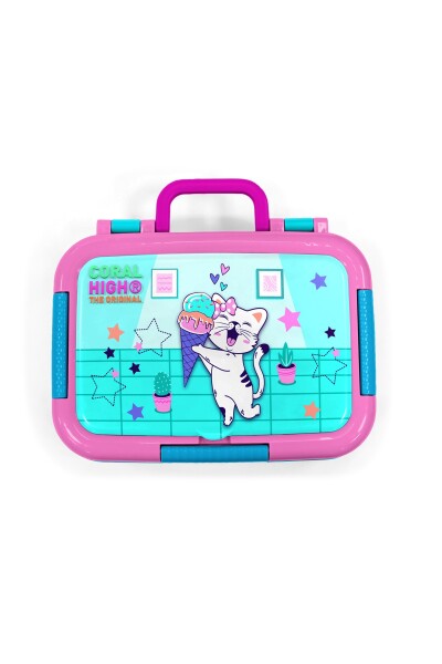 Coral High Kids Turkuaz Pembe Dondurmalı Kedi Desenli Paslanmaz Çelik Beslenme Kabı 39259 - 5