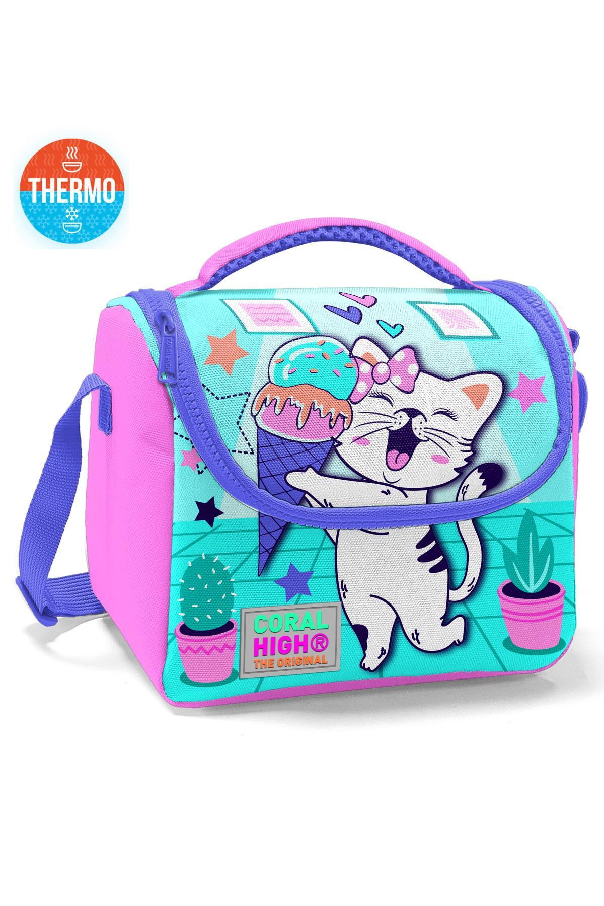 Coral High Kids  Turkuaz Pembe Dondurmalı Kedi Desenli Thermo Beslenme Çantası 11751