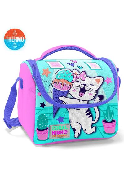 Coral High Kids Turkuaz Pembe Dondurmalı Kedi Desenli Thermo Beslenme Çantası 11751 - 1