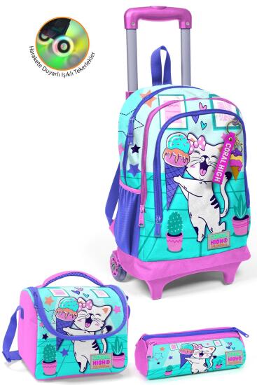 Coral High Kids Turkuaz Pembe Dondurmalı Kedi Desenli Üç Bölmeli Çekçekli 3'lü Çanta Seti SET0123951 - Coral High