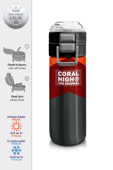 Coral High Kids Turuncu Bordo Desenli Pipetli ve Direkt İçim Çelik Termos 500 ml 31892 - Coral High KIDS