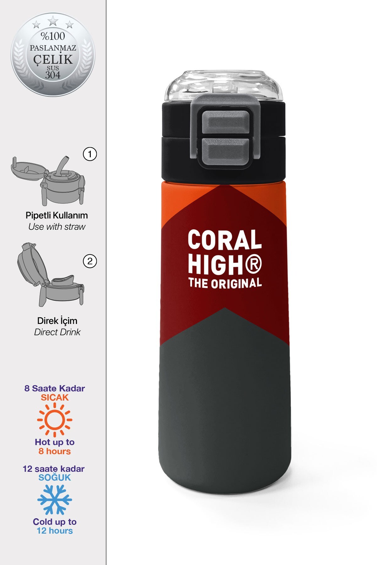 Coral High Kids Turuncu Bordo Desenli Pipetli ve Direkt İçim Çelik Termos 500 ml 31892