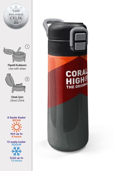 Coral High Kids Turuncu Bordo Desenli Pipetli ve Direkt İçim Çelik Termos 500 ml 31892 