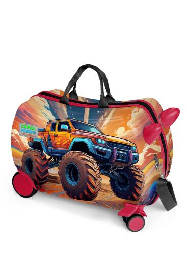 Coral High Kids Turuncu High Wheels Truck Desenli Otur-Çek Çocuk Valizi 16365 - CORAL HIGH