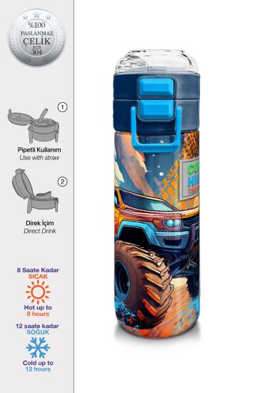 Coral High Kids Turuncu High Wheels Truck Desenli Pipetli ve Direkt İçim Çelik Termos 500 ml 31994 - Coral High KIDS