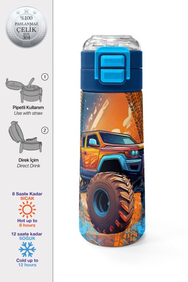 Coral High Kids Turuncu High Wheels Truck Desenli Pipetli ve Direkt İçim Çelik Termos 500 ml 31994 - Coral High KIDS