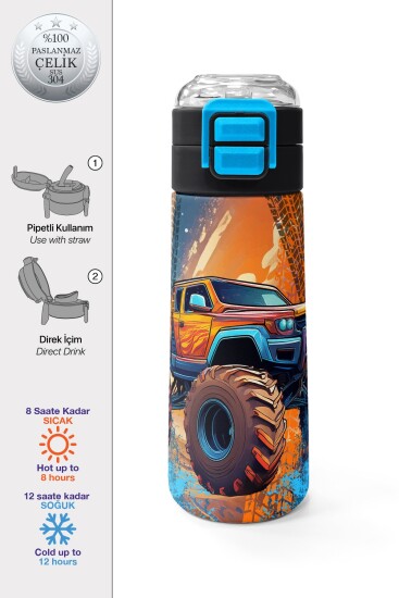 Coral High Kids Turuncu High Wheels Truck Desenli Pipetli ve Direkt İçim Çelik Termos 500 ml 31994 