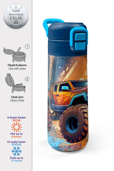 Coral High Kids Turuncu High Wheels Truck Desenli Pipetli ve Direkt İçim Çelik Termos 500 ml 31994 