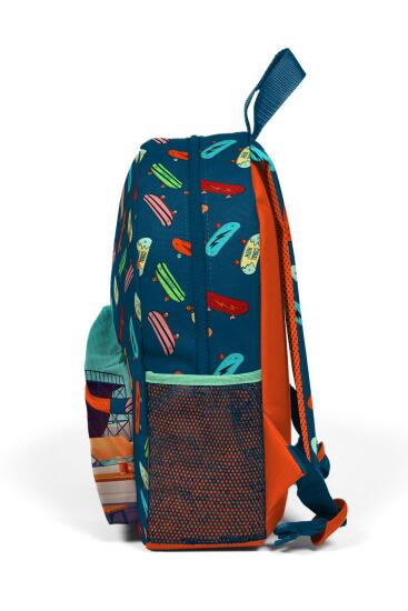 Minik Yuva Sırt Çantası Çivit Neon Turuncu Kaykay Desenli İki Bölmeli 23523 - 6