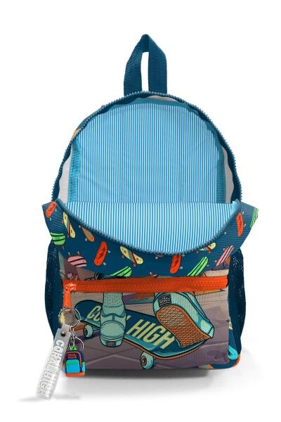 Minik Yuva Sırt Çantası Çivit Neon Turuncu Kaykay Desenli İki Bölmeli 23523 - 3