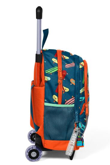 Coral High Kids Çivit Neon Turuncu Kaykay Desenli Üç Bölmeli Çekçekli Okul Sırt Çantası 23923 - 2