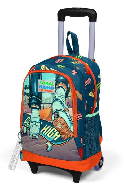 Coral High Kids Çivit Neon Turuncu Kaykay Desenli Üç Bölmeli Çekçekli Okul Sırt Çantası 23923 - 6