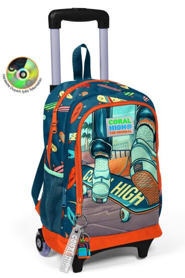 Coral High Kids Çivit Neon Turuncu Kaykay Desenli Üç Bölmeli Çekçekli Okul Sırt Çantası 23923 