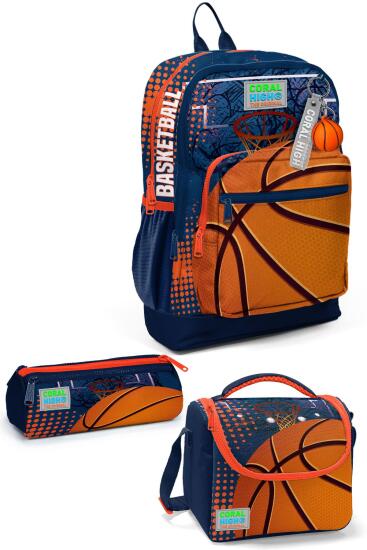Coral High Kids Turuncu Lacivert Basketbol Desenli 3’lü Okul Çanta Seti SET0123766 - Coral High