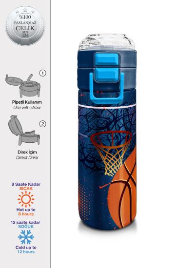 Coral High Kids Turuncu Lacivert Basketbol Desenli Pipetli ve Direkt İçim Çelik Termos 500 ml 31967 - Coral High KIDS
