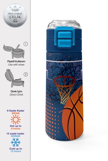 Coral High Kids Turuncu Lacivert Basketbol Desenli Pipetli ve Direkt İçim Çelik Termos 500 ml 31967 