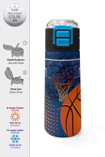 Coral High Kids Turuncu Lacivert Basketbol Desenli Pipetli ve Direkt İçim Çelik Termos 500 ml 31967 