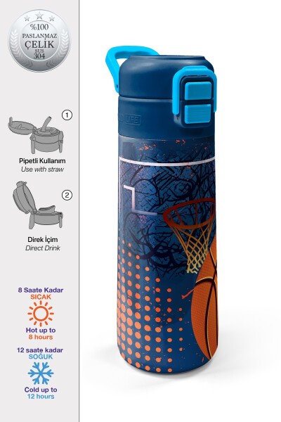 Coral High Kids Turuncu Lacivert Basketbol Desenli Pipetli ve Direkt İçim Çelik Termos 500 ml 31967 - 1