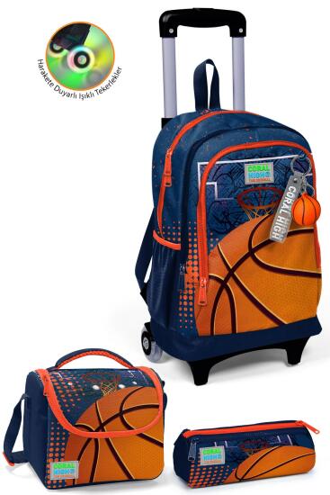 Coral High Kids Turuncu Lacivert Basketbol Desenli Üç Bölmeli Çekçekli 3'lü Çanta Seti SET0123966 - Coral High