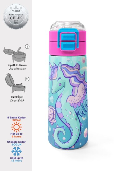 Coral High Kids Unicorn Denizatı Desenli Pipetli ve Direkt İçim Çelik Termos 500 ml 38138 