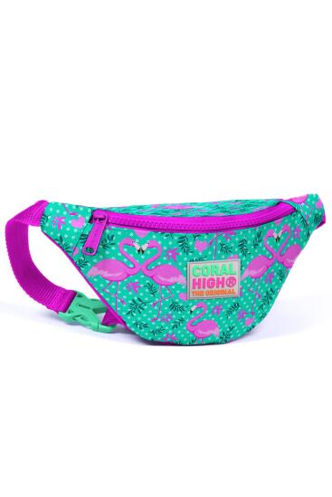 Coral High Kids Su Yeşili Pembe Flamingo Desenli Bel Çantası 22412 