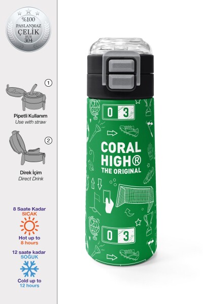 Coral High Kids Yeşil Futbol Desenli Pipetli ve Direkt İçim Çelik Termos 500 ml 38129 - 1