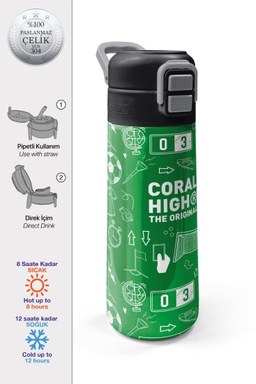 Coral High Kids Yeşil Futbol Desenli Pipetli ve Direkt İçim Çelik Termos 500 ml 38129 