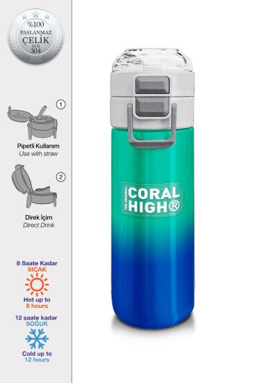Coral High Kids Yeşil Saks Renk Geçişli Pipetli ve Direkt İçim Çelik Termos 500 ml 31839 - Coral High KIDS
