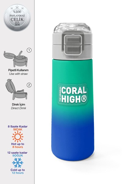 Coral High Kids Yeşil Saks Renk Geçişli Pipetli ve Direkt İçim Çelik Termos 500 ml 31839 - 1