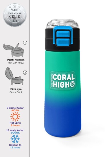 Coral High Kids Yeşil Saks Renk Geçişli Pipetli ve Direkt İçim Çelik Termos 500 ml 31839 