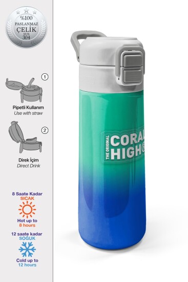 Coral High Kids Yeşil Saks Renk Geçişli Pipetli ve Direkt İçim Çelik Termos 500 ml 31839 
