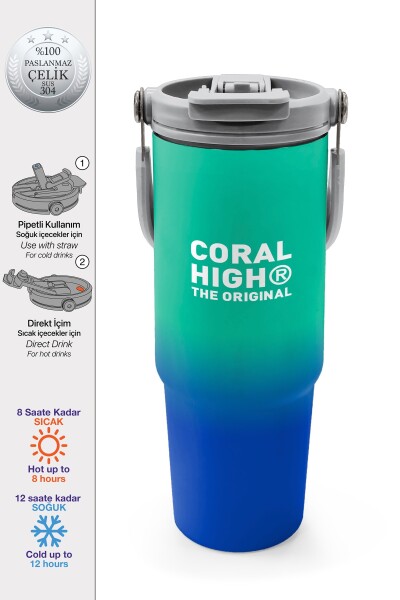Coral High Kids Yeşil Saks Renk Geçişli Pipetli ve Direkt İçim Çelik Termos 900 ml 38725 - 1