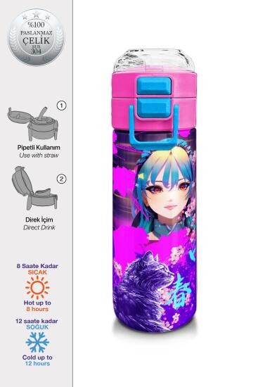 Coral High KidsMor Pembe Anime Kedi Desenli Pipetli ve Direkt İçim Çelik Termos 500 ml 31954 - Coral High KIDS