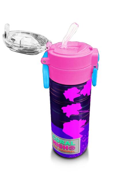 Coral High KidsMor Pembe Anime Kedi Desenli Pipetli ve Direkt İçim Çelik Termos 500 ml 31954 - 5