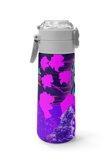 Coral High KidsMor Pembe Anime Kedi Desenli Pipetli ve Direkt İçim Çelik Termos 500 ml 31954 - 2