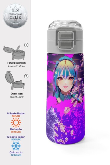 Coral High KidsMor Pembe Anime Kedi Desenli Pipetli ve Direkt İçim Çelik Termos 500 ml 31954 
