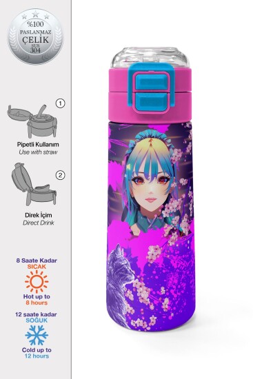 Coral High KidsMor Pembe Anime Kedi Desenli Pipetli ve Direkt İçim Çelik Termos 500 ml 31954 
