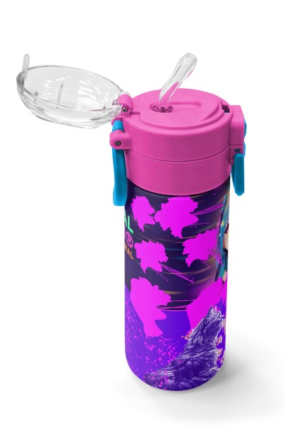 Coral High KidsMor Pembe Anime Kedi Desenli Pipetli ve Direkt İçim Çelik Termos 500 ml 31954 - 5