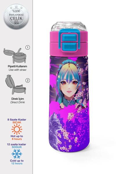 Coral High KidsMor Pembe Anime Kedi Desenli Pipetli ve Direkt İçim Çelik Termos 500 ml 31954 - 1