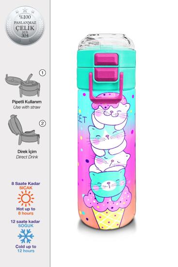 Coral High KidsRenkli Dondurmalı Kedi Desenli Pipetli ve Direkt İçim Çelik Termos 500 ml 31812 - Coral High KIDS