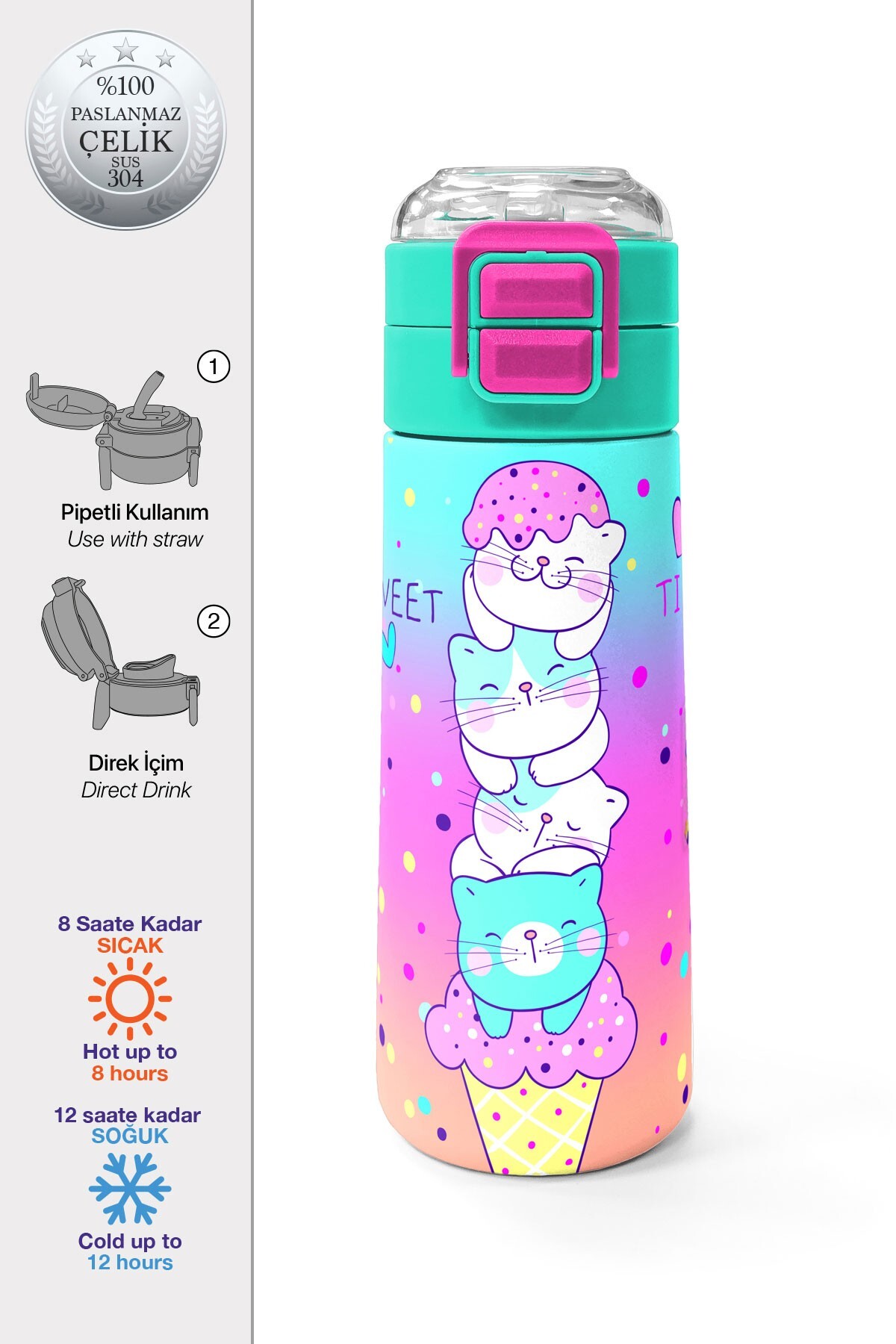 Coral High KidsRenkli Dondurmalı Kedi Desenli Pipetli ve Direkt İçim Çelik Termos 500 ml 31812