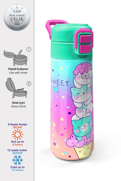Coral High Kids Renkli Dondurmalı Kedi Desenli Pipetli ve Direkt İçim Çelik Termos 500 ml 31812 - 1